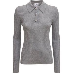 GANNI wool blend knit polo sweater with front buttons